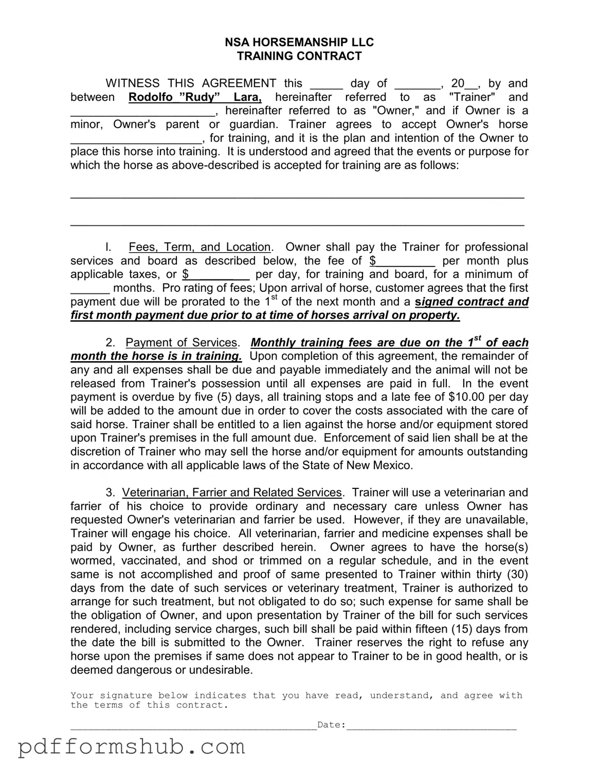 Fill in Your Horse Training Contract Form