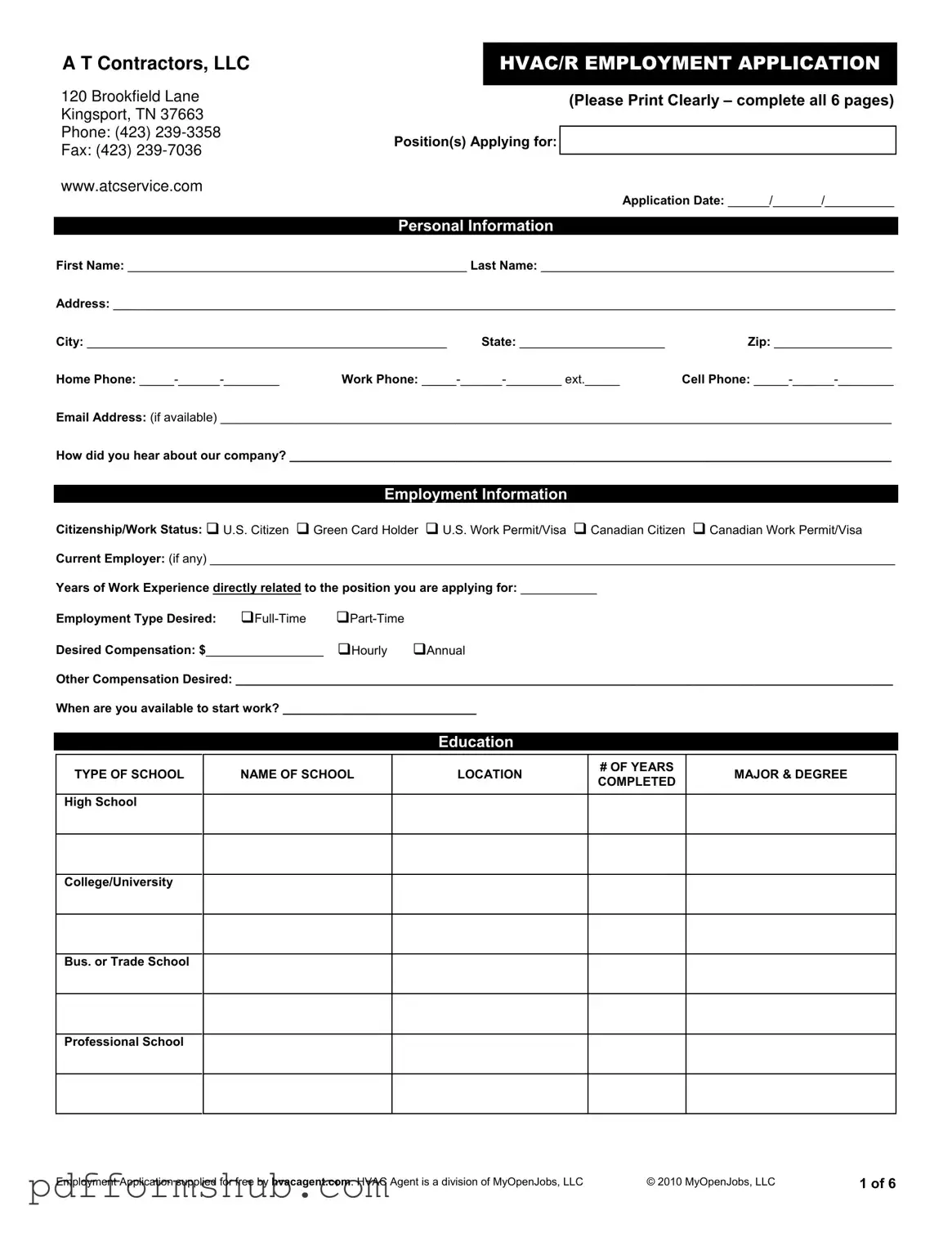 Fill in Your Hvac Job Application Form