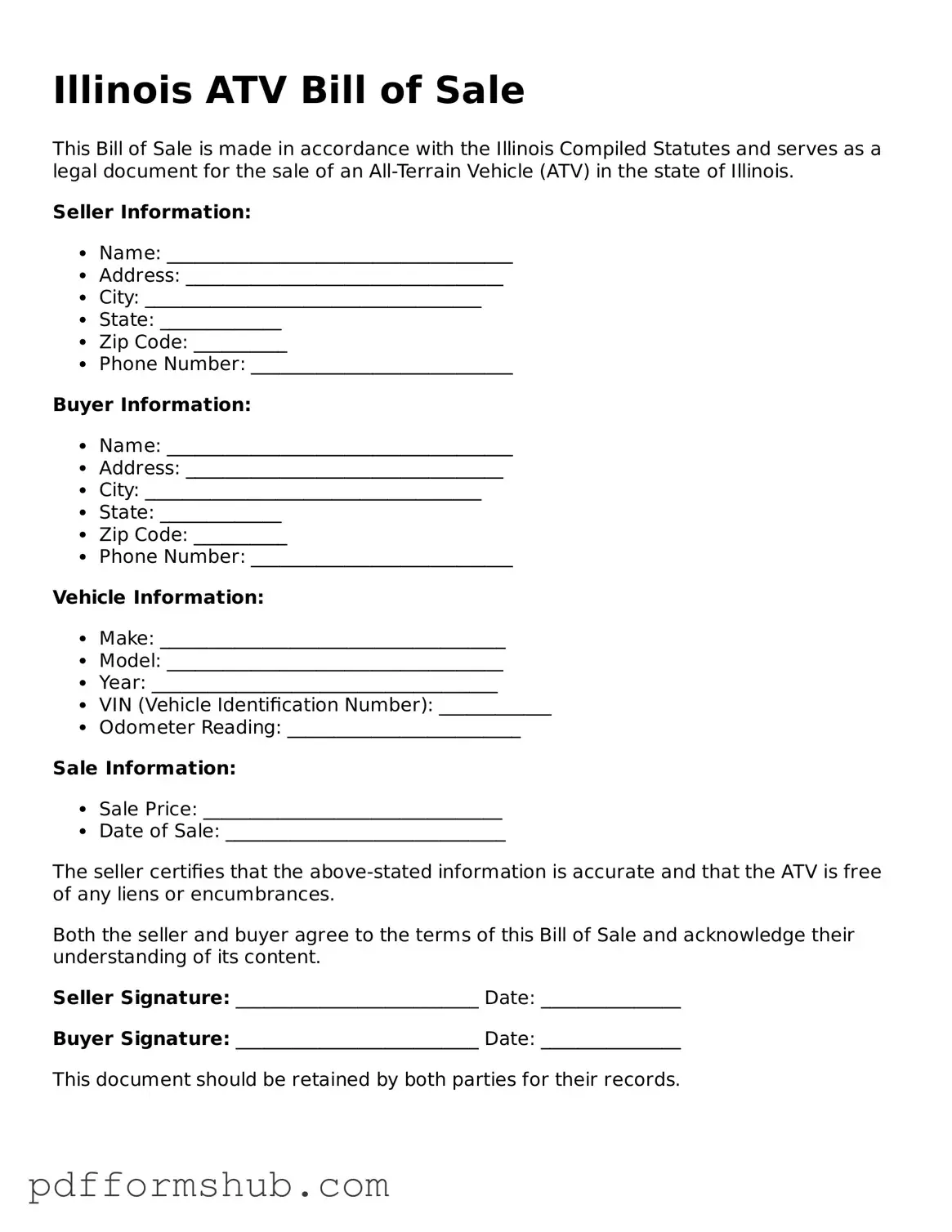 Attorney-Verified ATV Bill of Sale Form for Illinois State
