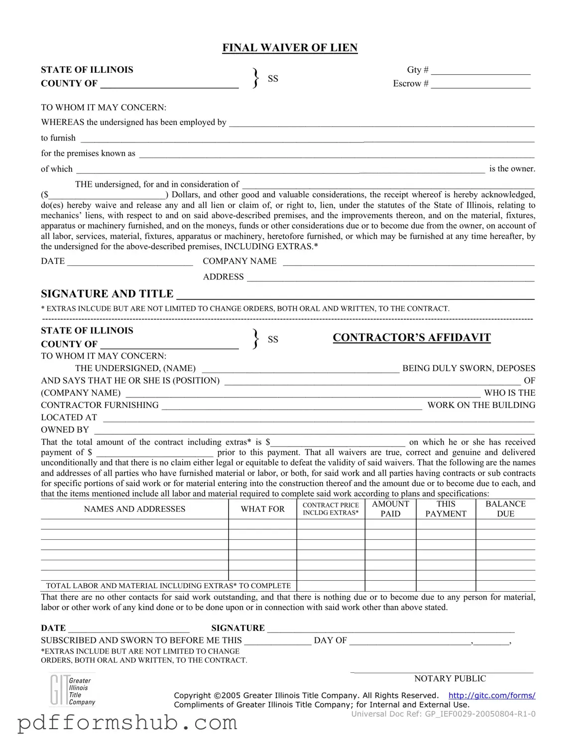 Fill in Your Illinois Final Waiver Of Lien Form