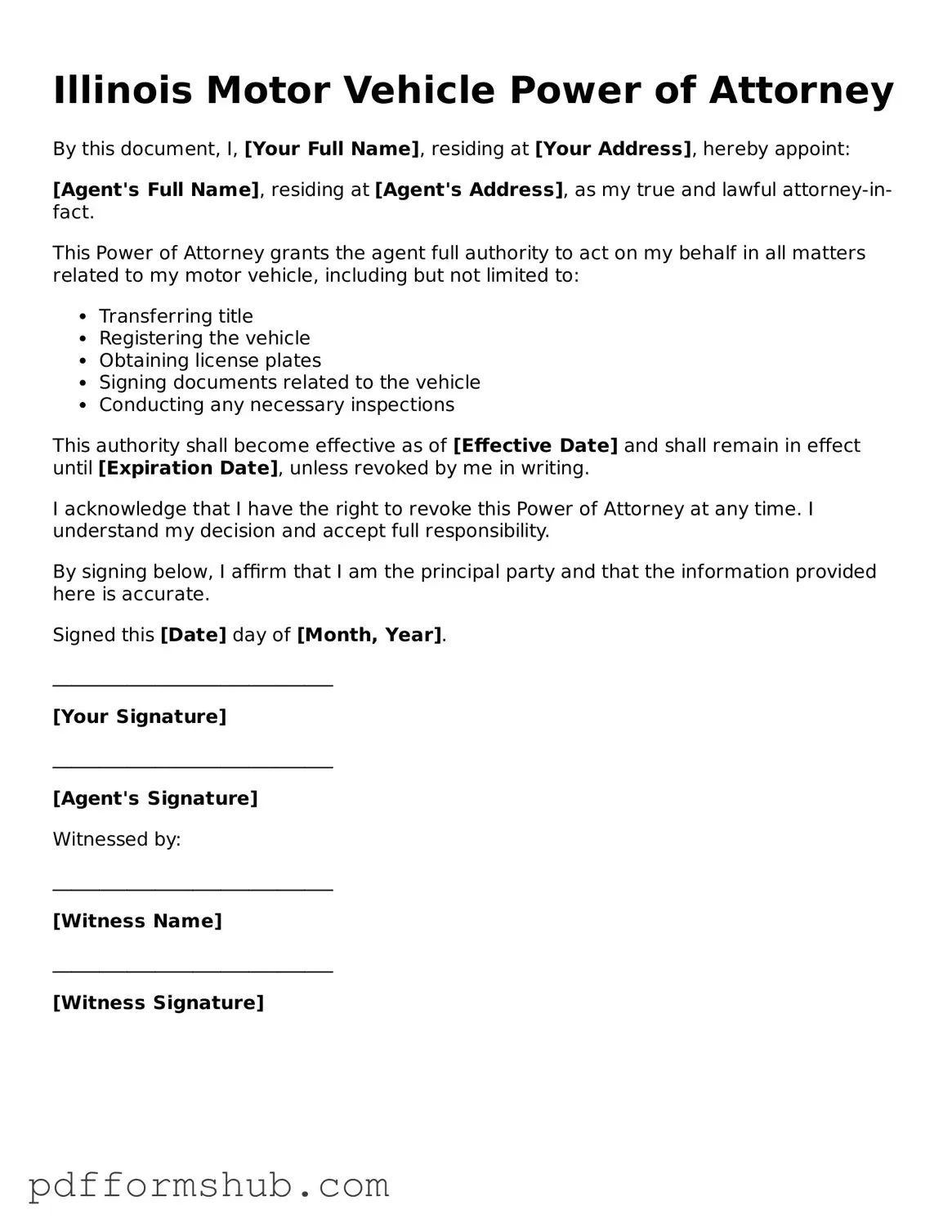 Attorney-Verified Motor Vehicle Power of Attorney Form for Illinois State