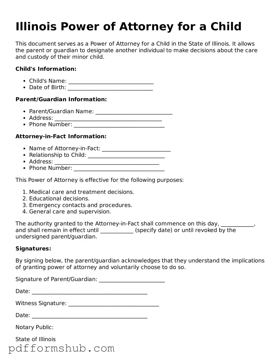 Attorney-Verified Power of Attorney for a Child Form for Illinois State