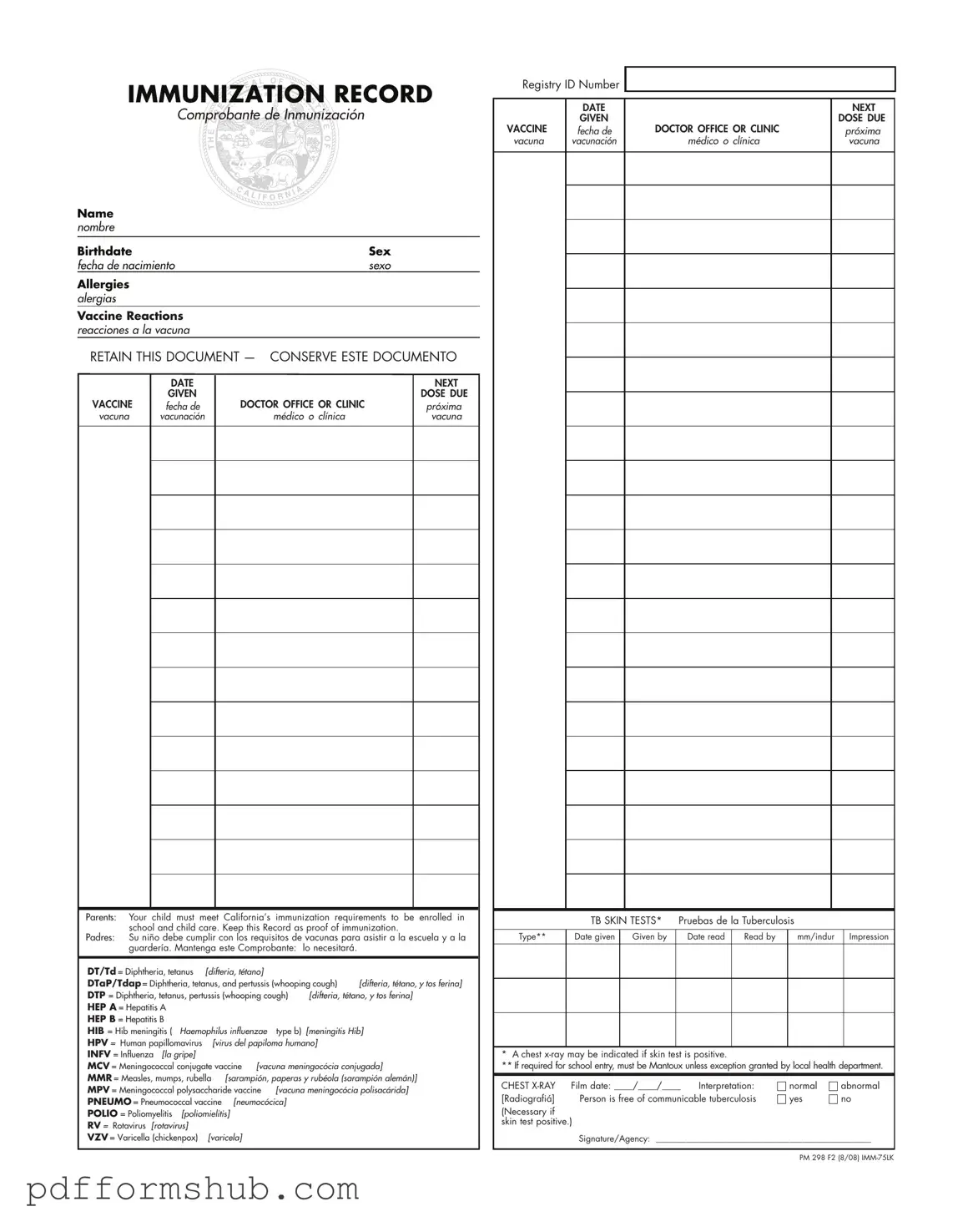 Fill in Your Immunization Record Form