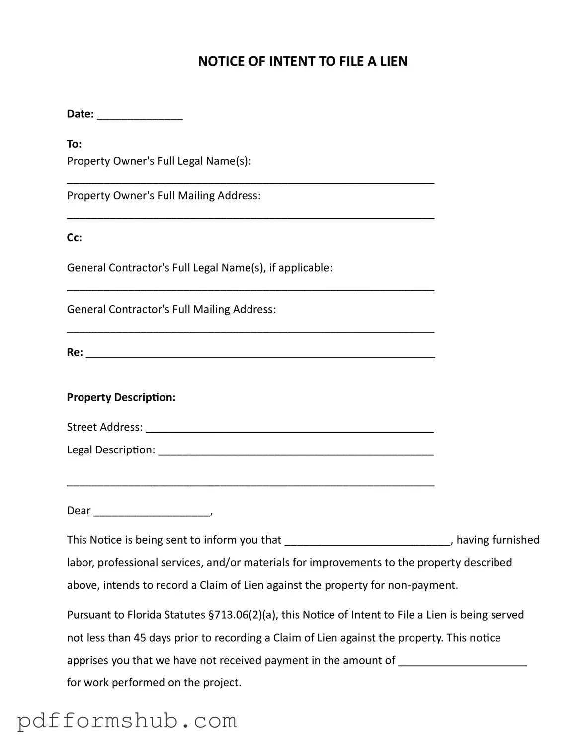 Fill in Your Intent To Lien Florida Form