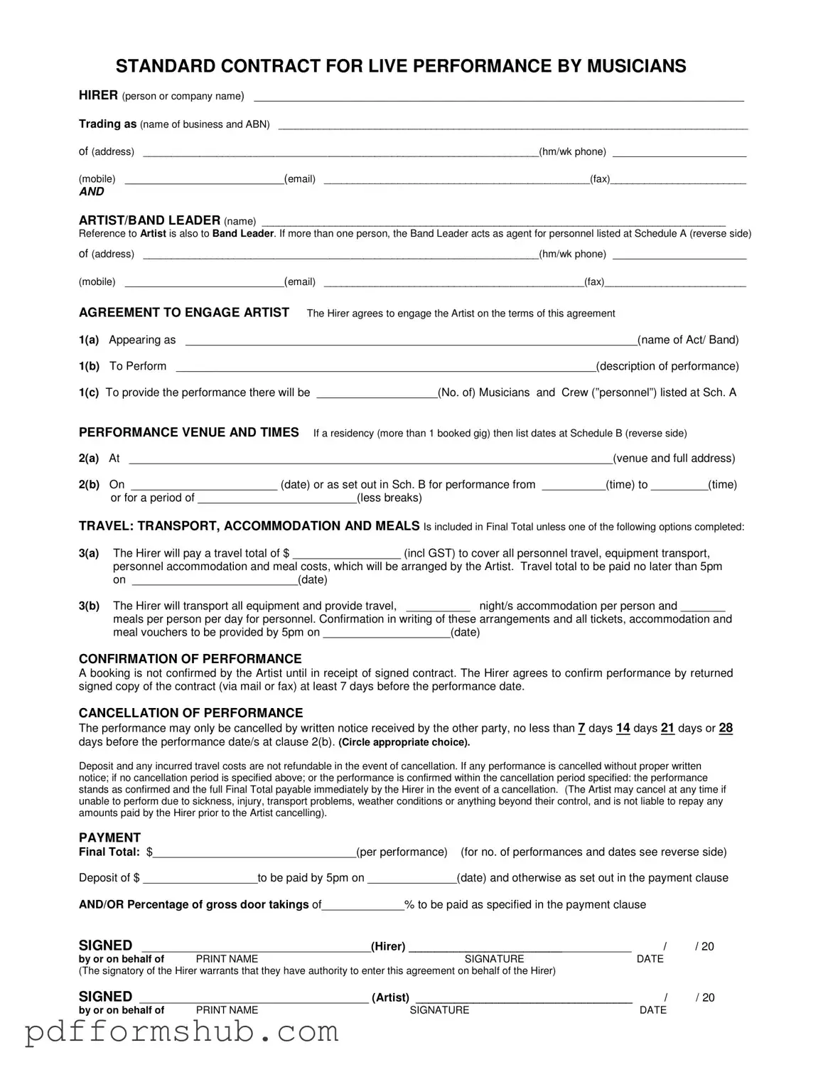 Fill in Your Live Performance Contract Form