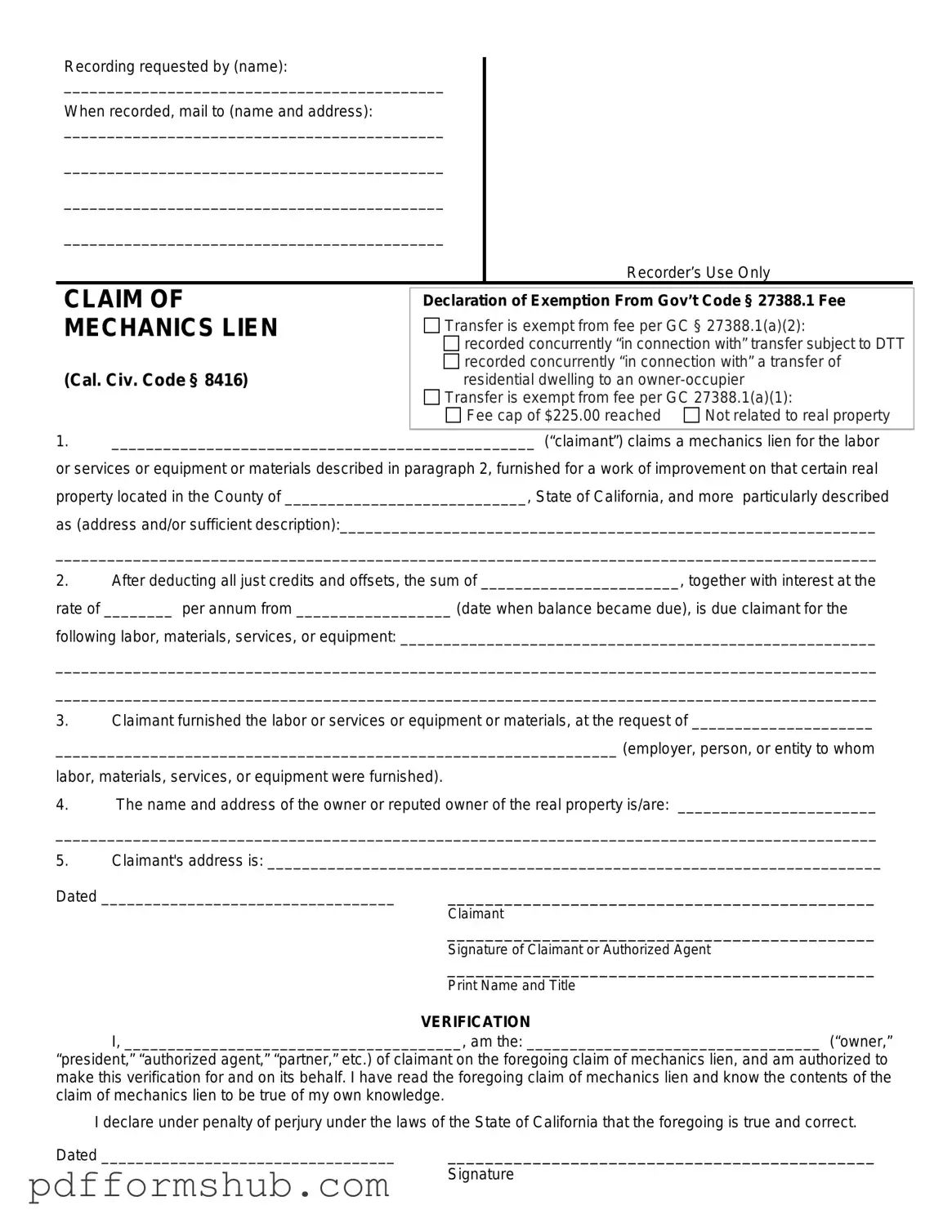 Fill in Your Mechanics Lien California Form