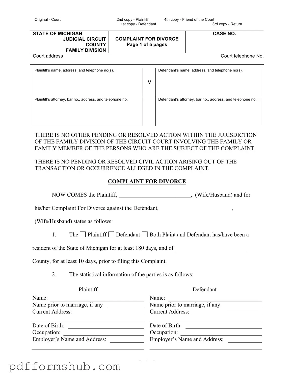 Fill in Your Michigan Complaint Divorce Form