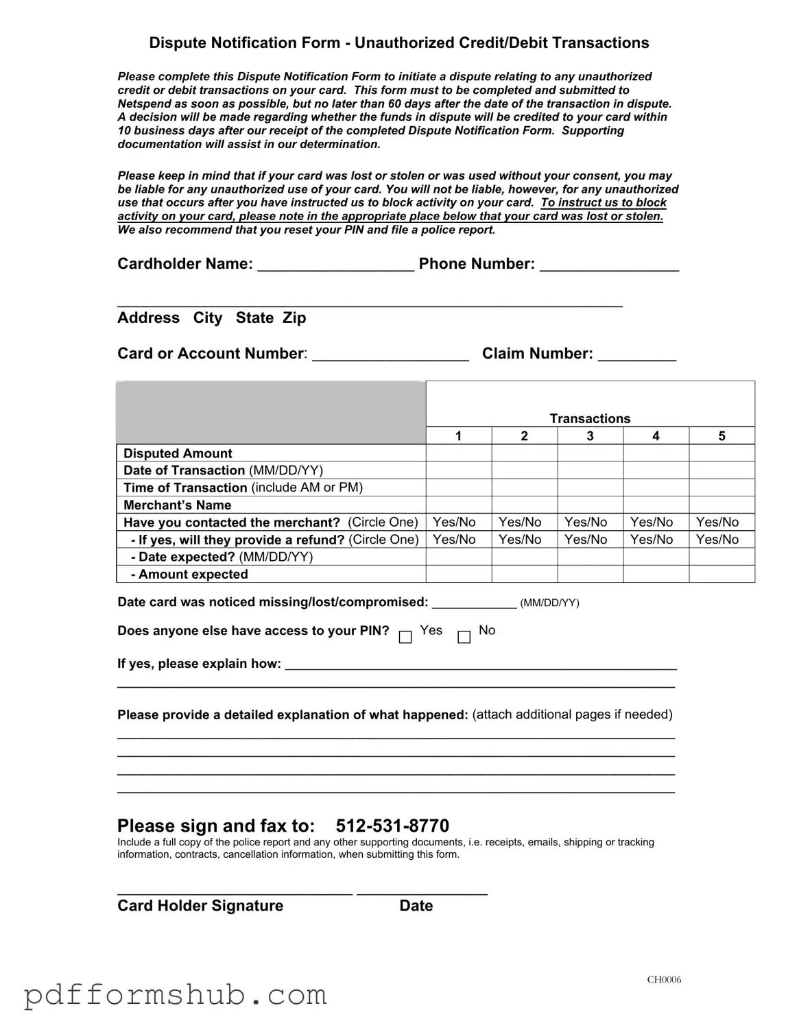 Fill in Your Netspend Dispute Form