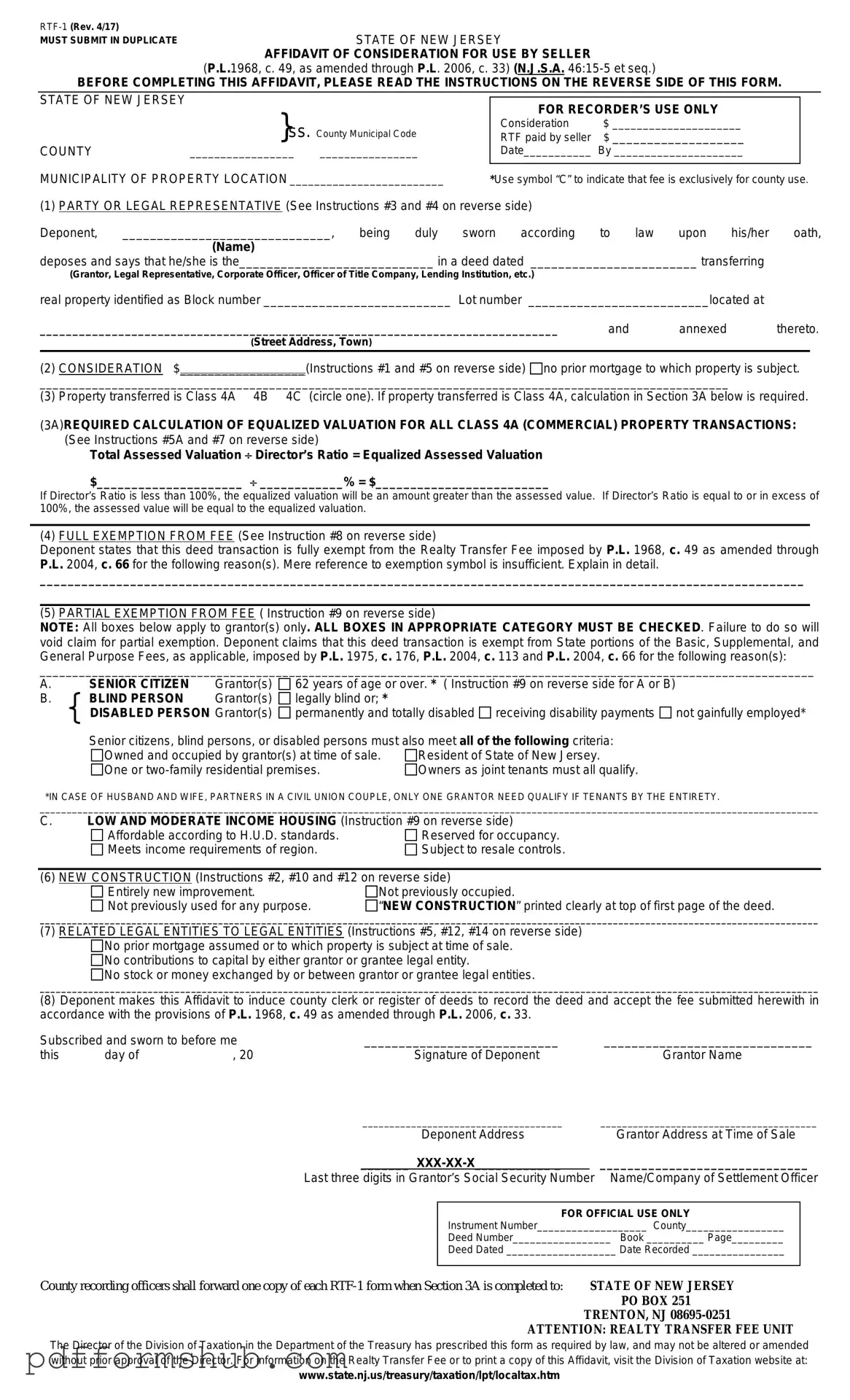 Fill in Your New Jersey Affidavit of Consideration RTF-1 Form