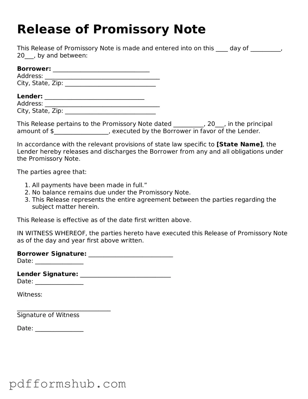 Valid Release of Promissory Note Form