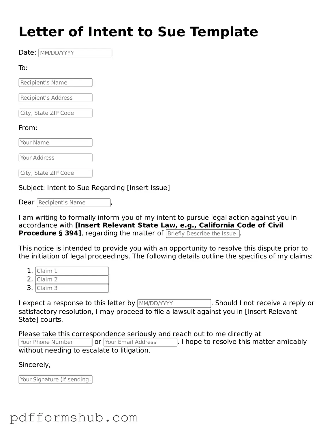 Valid Letter of Intent to Sue Form
