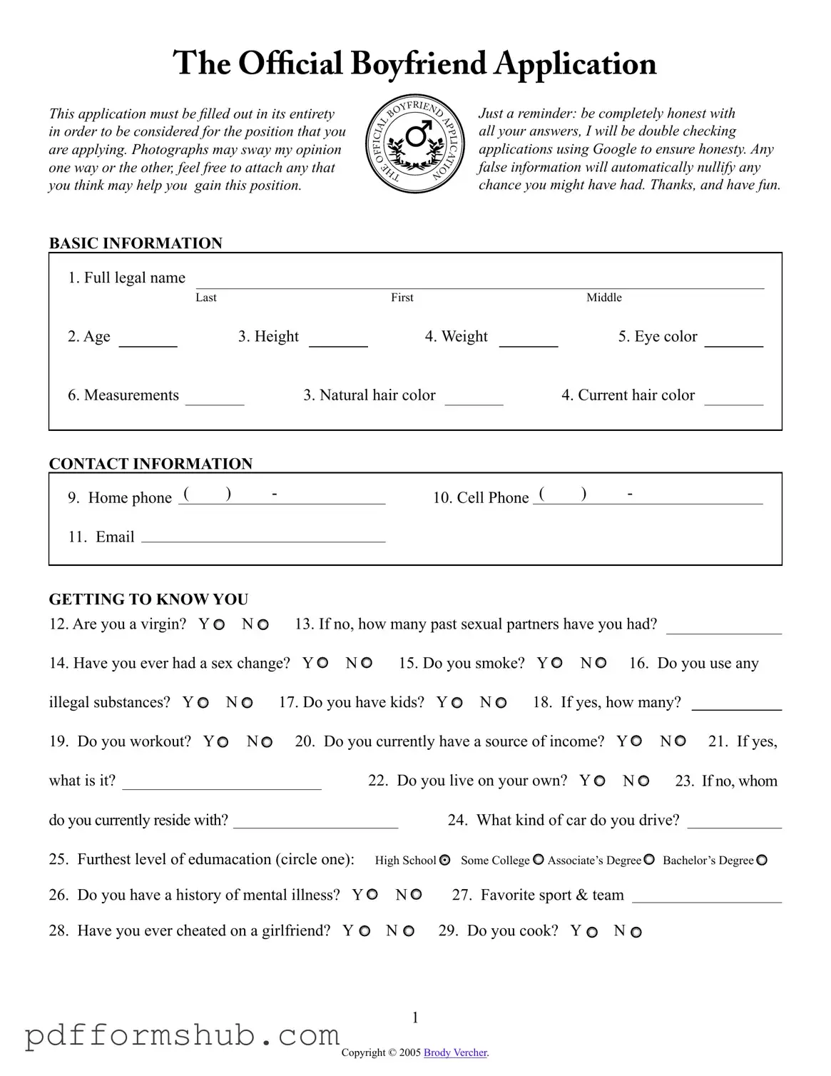 Fill in Your Boyfriend application form Form
