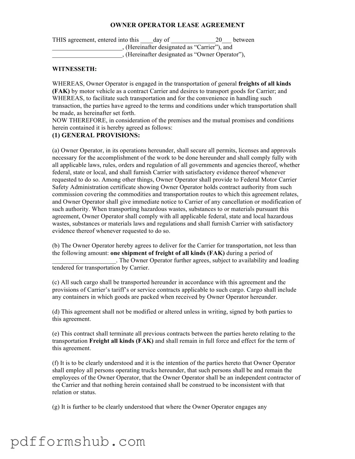 Fill in Your Owner Operator Lease Agreement Form