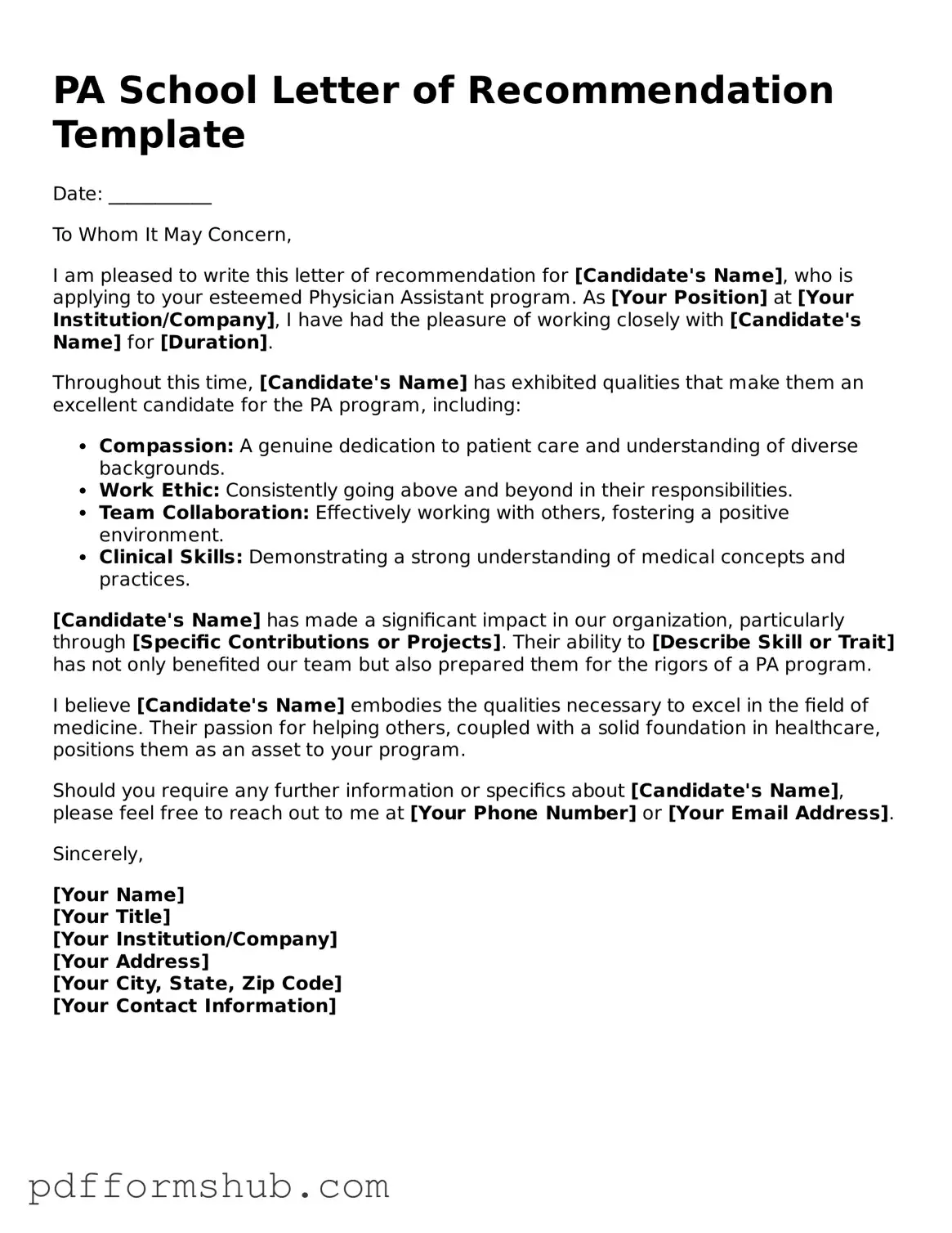 Valid PA School Letter of Recommendation Form