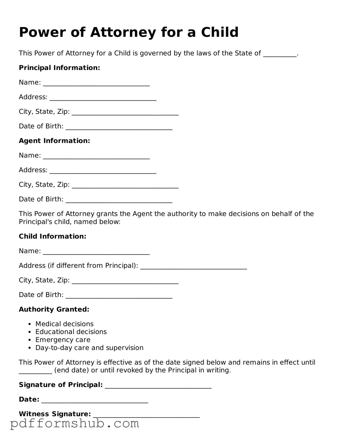 Valid Power of Attorney for a Child Form