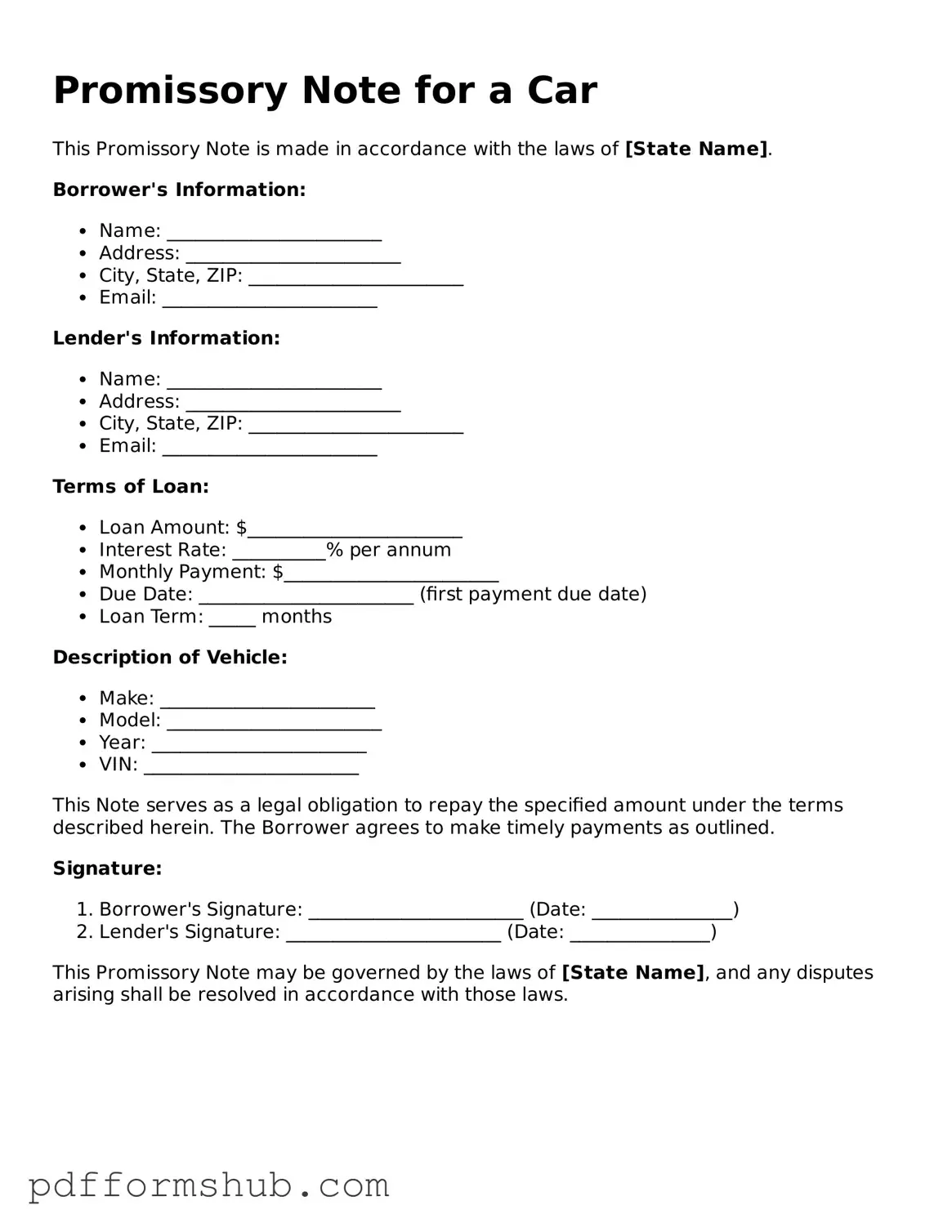 Valid Promissory Note for a Car Form