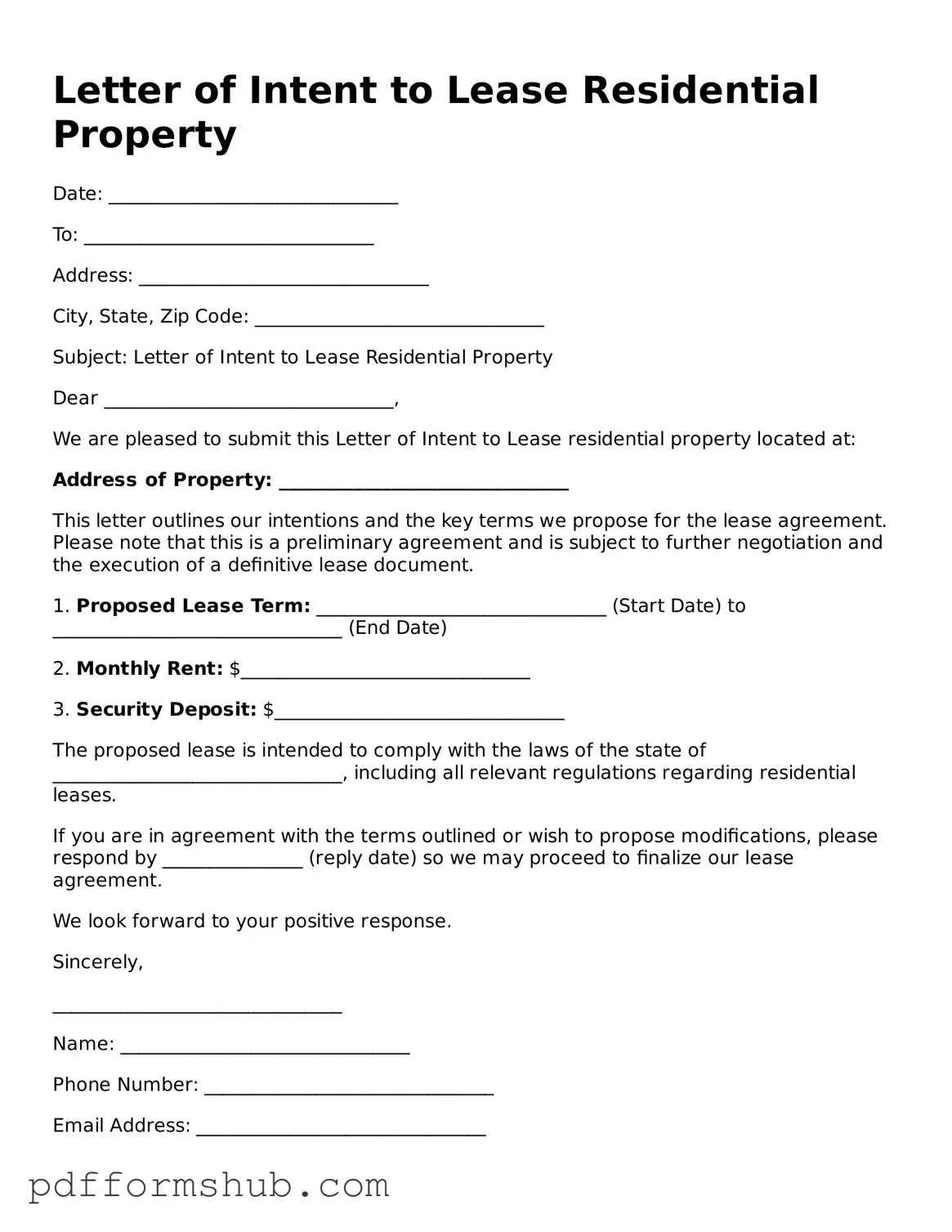 Valid Letter of Intent to Lease Residential Property Form