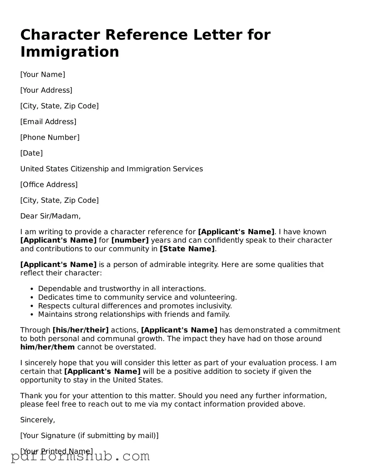 Valid Character Reference Letter for Immigration Form