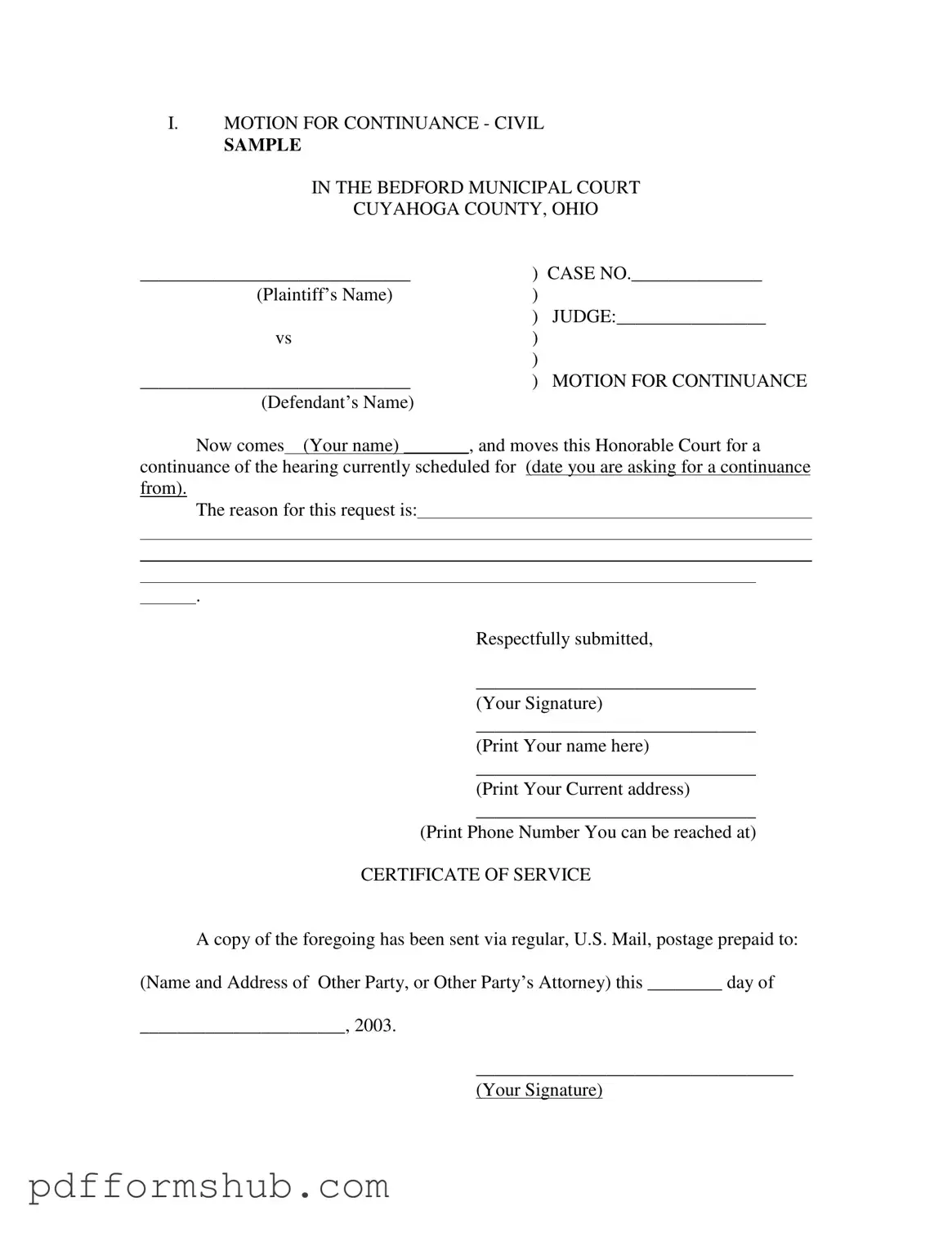 Fill in Your Motion For Continuance Form