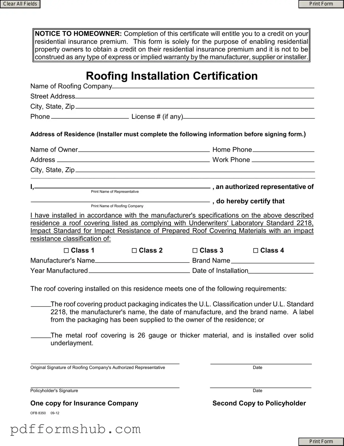 Fill in Your Roofing Certificate Form