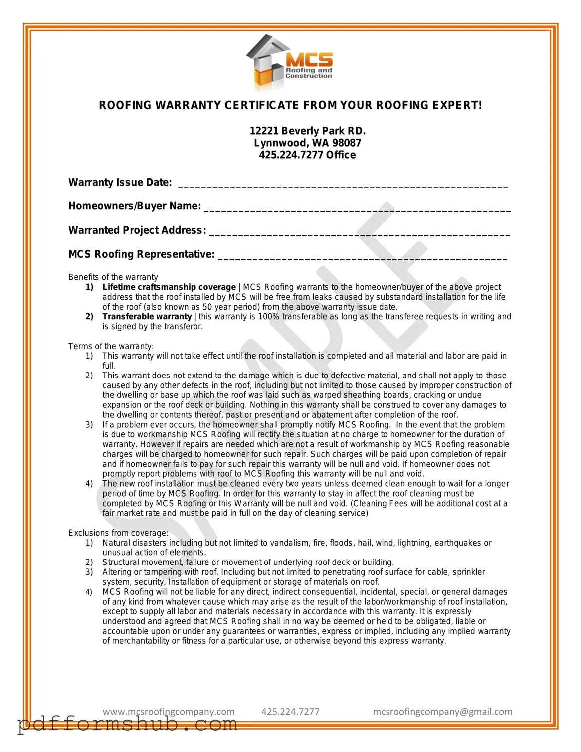 Fill in Your Roofing Warranty Certificate Form