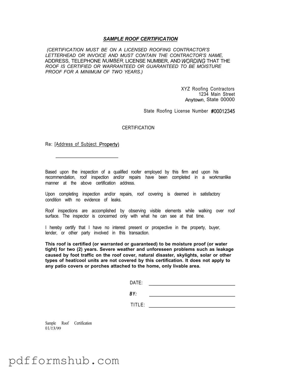 Fill in Your Sample Roof Certification Form