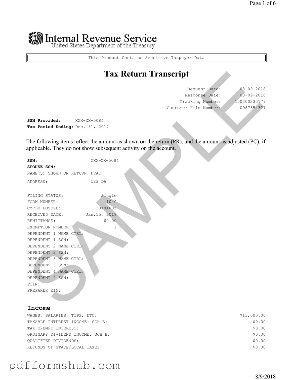 Fill in Your Sample Tax Return Transcript Form