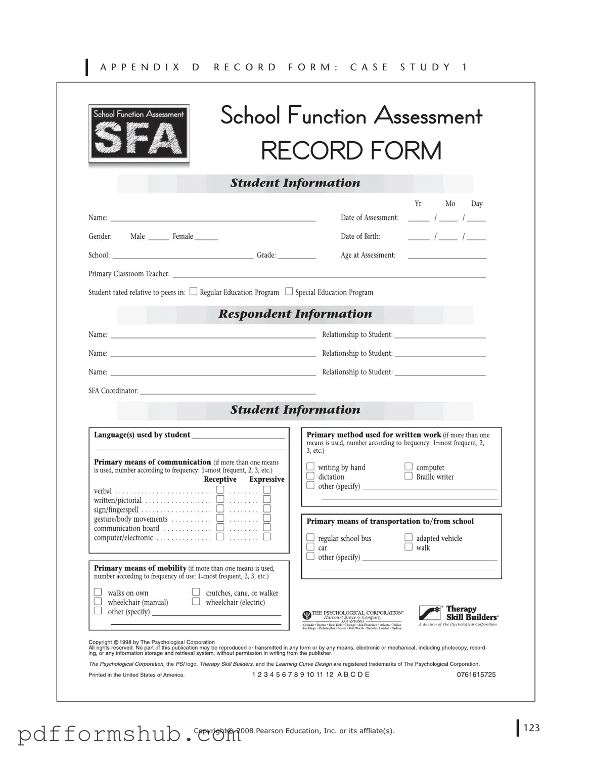 Fill in Your School Function Assessment Form