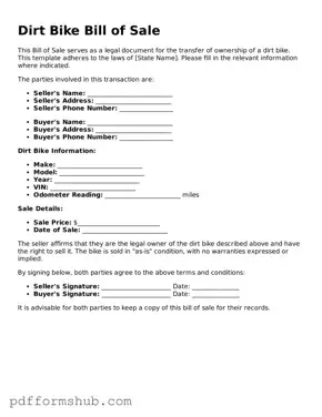 Valid Dirt Bike Bill of Sale Form