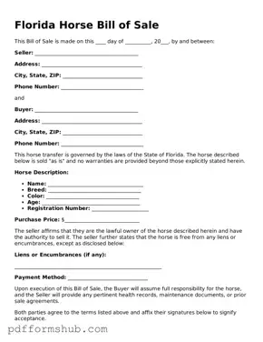 Attorney-Verified Horse Bill of Sale Form for Florida State