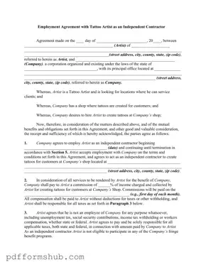 Fill in Your Tattoo Shop Artist Agreement Form