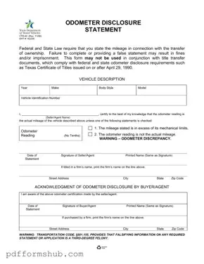 Fill in Your Texas Odometer Statement Form