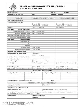Fill in Your Welder Performance Qualification Record Form