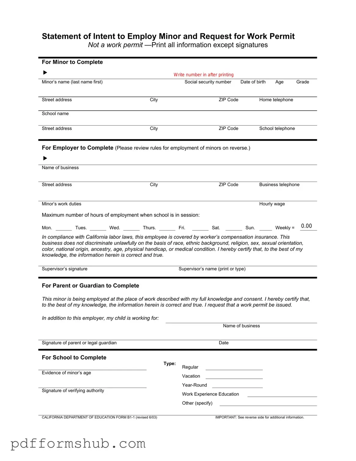 Fill in Your Statement of Intent to Employ Minor and Request for Work Permit Form