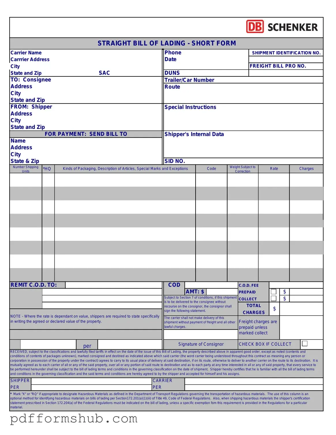Fill in Your Straight Bill Of Lading Form