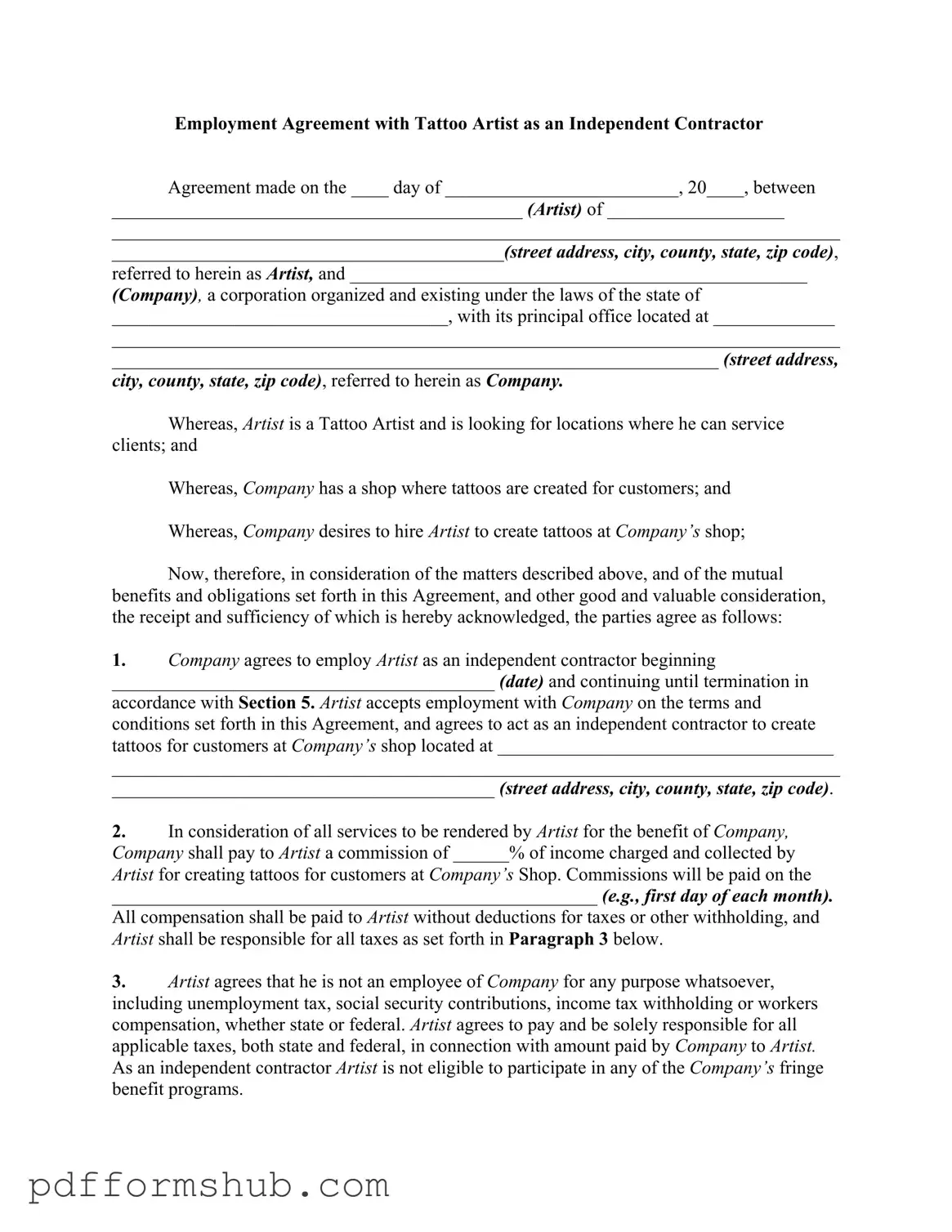 Fill in Your Tattoo Shop Artist Agreement Form