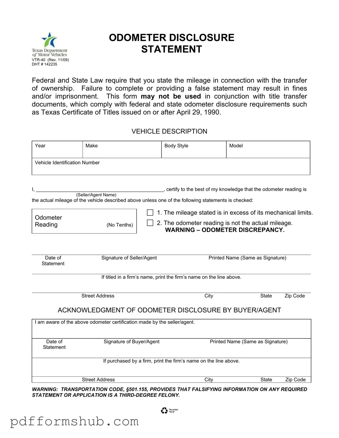Fill in Your Texas Odometer Statement Form