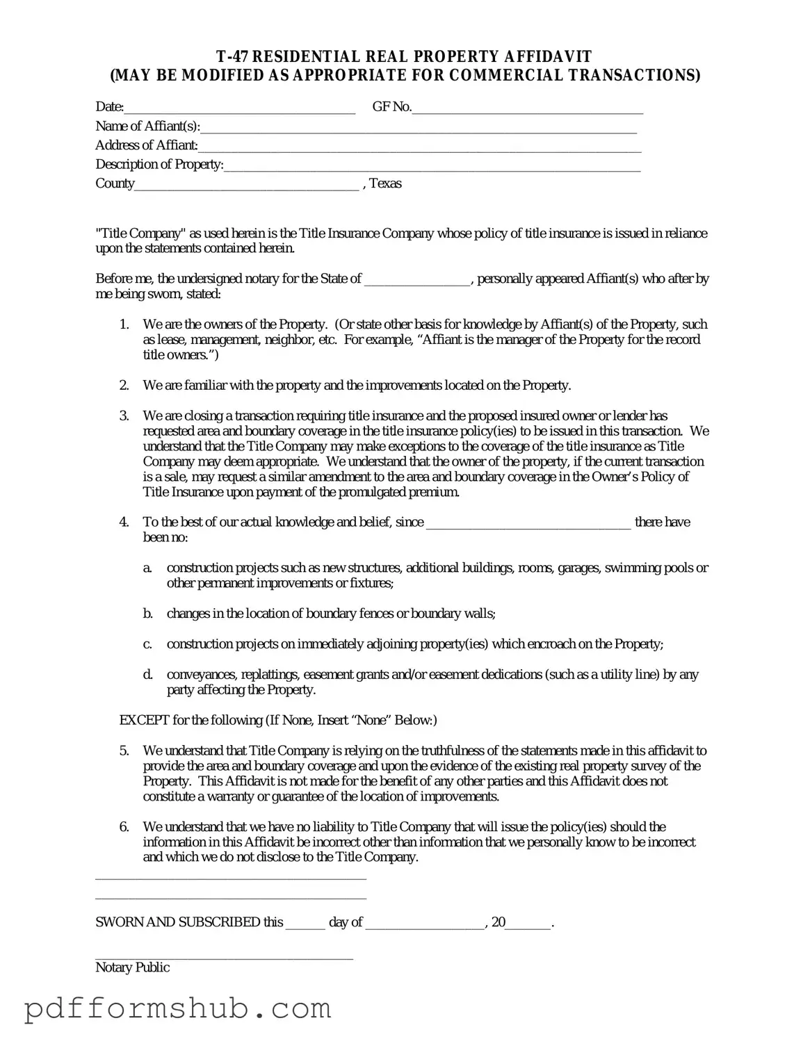 Fill in Your Texas residential property affidavit T-47 Form
