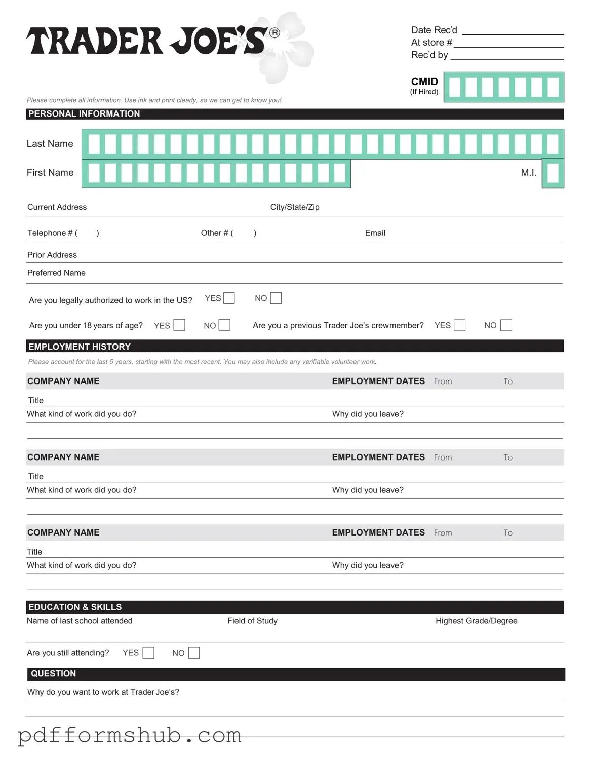 Fill in Your Trader Joe's application Form