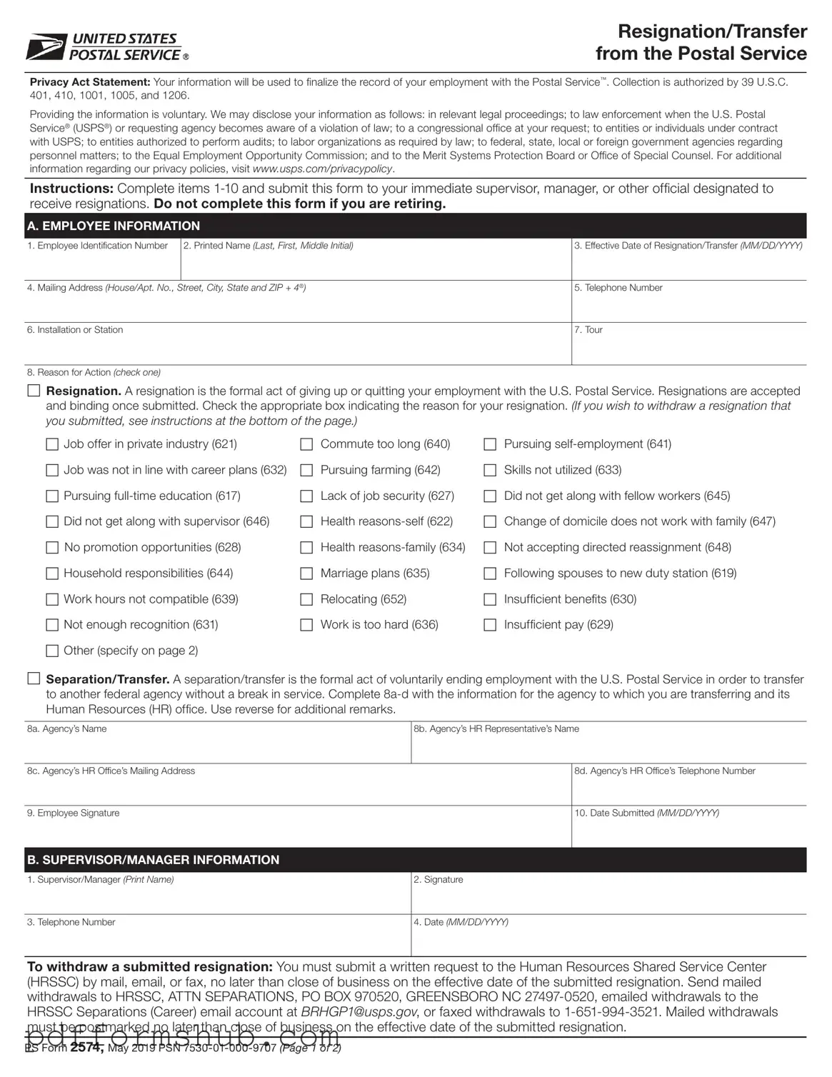 Fill in Your Usps Resignation Form