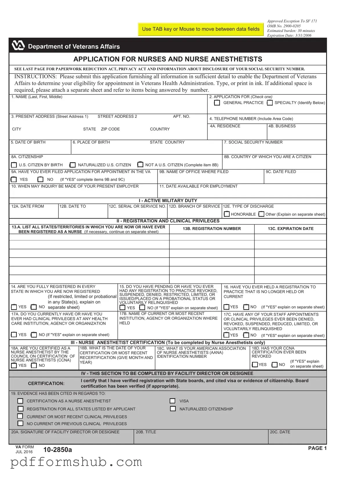 Fill in Your VA 10-2850a Form