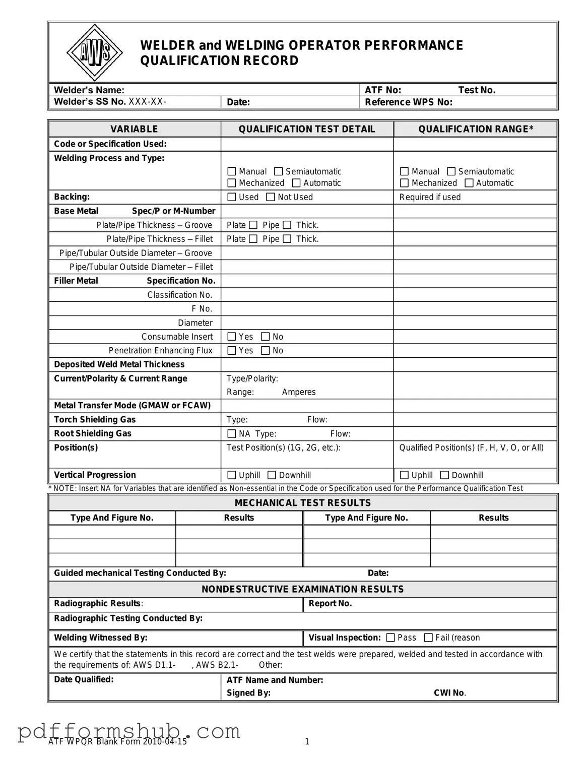 Fill in Your Welder Performance Qualification Record Form